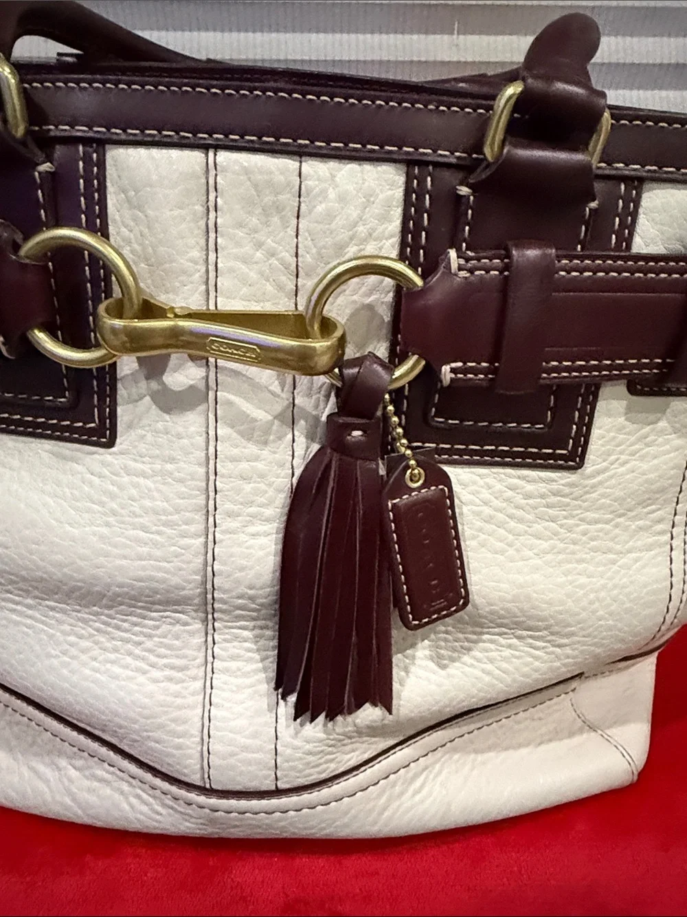 Coach Cream Leather Shoulder Bag with Dark Brown Trim and Gold Hardware